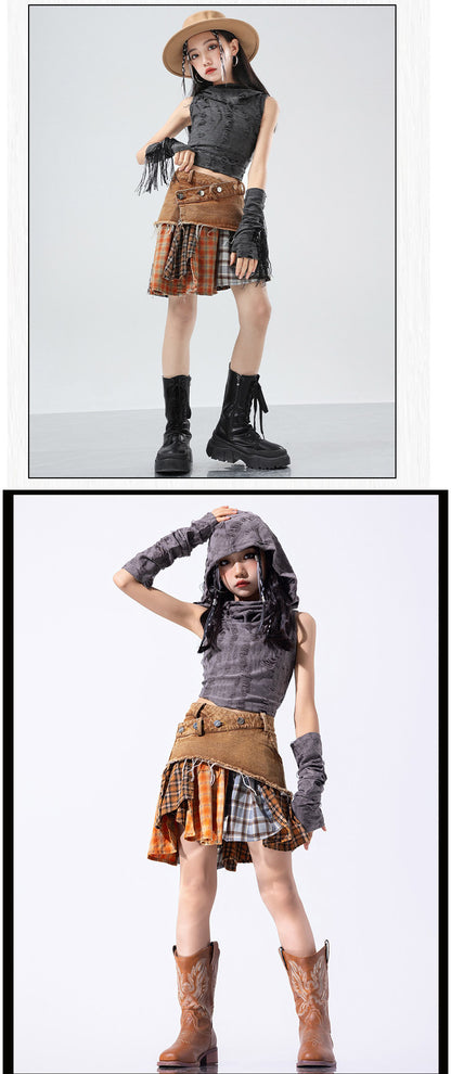 ダンス衣装 キッズ 衣装 セットアップ jazz k-pop キッズダンス衣装 デニム 子供服 女の子 ヘソ出し グレー ベージュ デニム チア ヒップホップ キッズダンス k-pop衣装 アームカバー 片腕 黒トップス ロングパンツ ジャズダンス 発表会 チアガール 韓国ファション 演出服