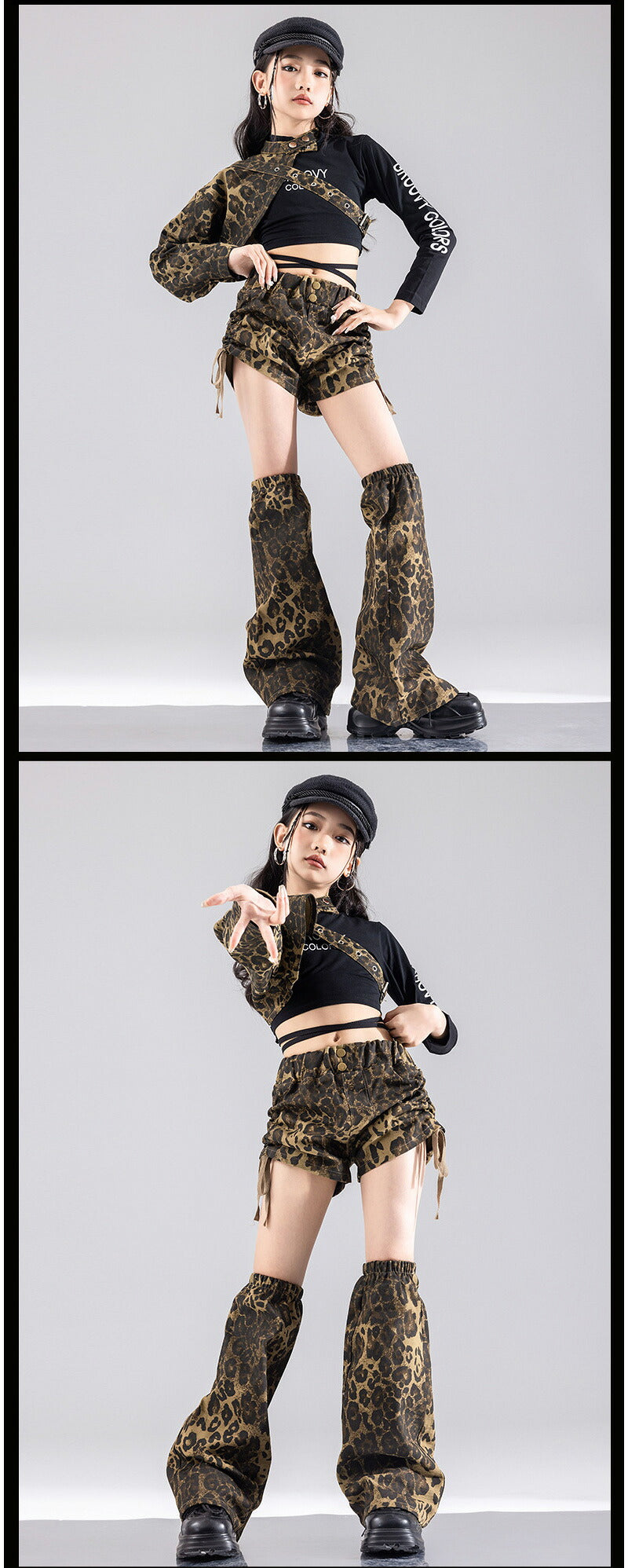 ダンス衣装 キッズ 衣装 セットアップ ヒョウ柄 jazz k-pop キッズダンス衣装 デニム 子供服 女の子 ヘソ出し グレー ベージュ デニム チア ヒップホップ キッズダンス k-pop衣装 アームカバー 片腕 黒トップス ロングパンツ ジャズダンス 発表会 チアガール 韓国ファション