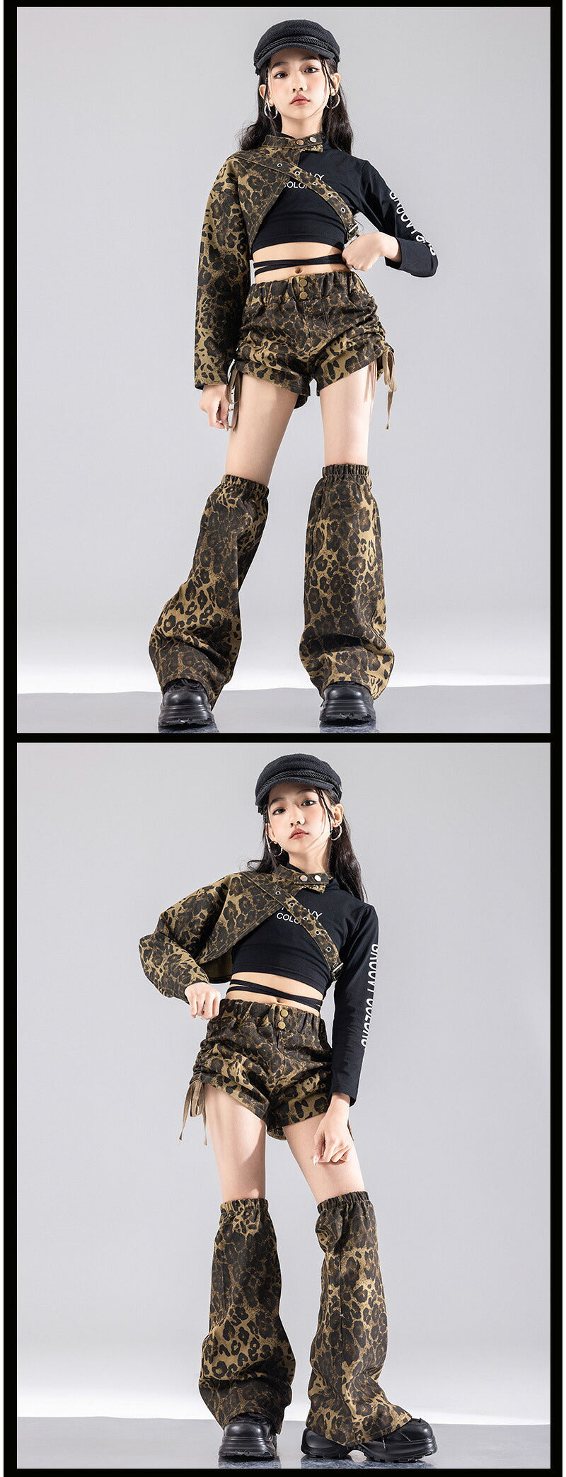 ダンス衣装 キッズ 衣装 セットアップ ヒョウ柄 jazz k-pop キッズダンス衣装 デニム 子供服 女の子 ヘソ出し グレー ベージュ デニム チア ヒップホップ キッズダンス k-pop衣装 アームカバー 片腕 黒トップス ロングパンツ ジャズダンス 発表会 チアガール 韓国ファション