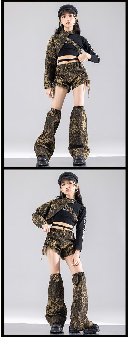 ダンス衣装 キッズ 衣装 セットアップ ヒョウ柄 jazz k-pop キッズダンス衣装 デニム 子供服 女の子 ヘソ出し グレー ベージュ デニム チア ヒップホップ キッズダンス k-pop衣装 アームカバー 片腕 黒トップス ロングパンツ ジャズダンス 発表会 チアガール 韓国ファション