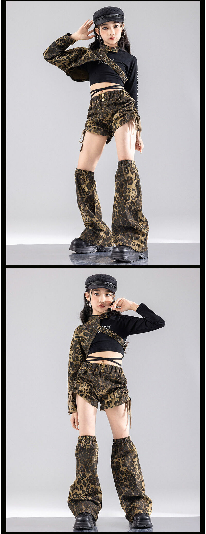 ダンス衣装 キッズ 衣装 セットアップ ヒョウ柄 jazz k-pop キッズダンス衣装 デニム 子供服 女の子 ヘソ出し グレー ベージュ デニム チア ヒップホップ キッズダンス k-pop衣装 アームカバー 片腕 黒トップス ロングパンツ ジャズダンス 発表会 チアガール 韓国ファション
