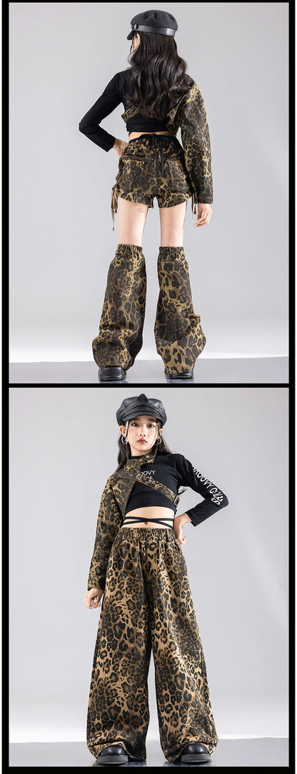 ダンス衣装 キッズ 衣装 セットアップ ヒョウ柄 jazz k-pop キッズダンス衣装 デニム 子供服 女の子 ヘソ出し グレー ベージュ デニム チア ヒップホップ キッズダンス k-pop衣装 アームカバー 片腕 黒トップス ロングパンツ ジャズダンス 発表会 チアガール 韓国ファション