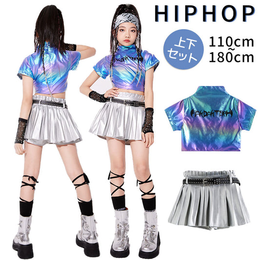 ダンス衣装 キッズ 衣装 セットアップ jazz k-pop キッズダンス衣装 デニム 子供服 女の子 ヘソ出し グレー ベージュ デニム チア ヒップホップ キッズダンス k-pop衣装 アームカバー 片腕 黒トップス ロングパンツ ジャズダンス 発表会 チアガール 韓国ファション 演出服