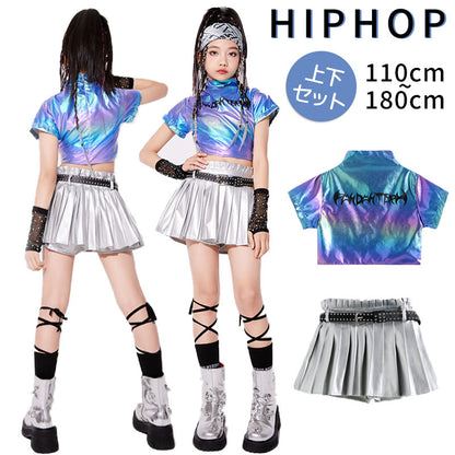 ダンス衣装 キッズ 衣装 セットアップ jazz k-pop キッズダンス衣装 デニム 子供服 女の子 ヘソ出し グレー ベージュ デニム チア ヒップホップ キッズダンス k-pop衣装 アームカバー 片腕 黒トップス ロングパンツ ジャズダンス 発表会 チアガール 韓国ファション 演出服