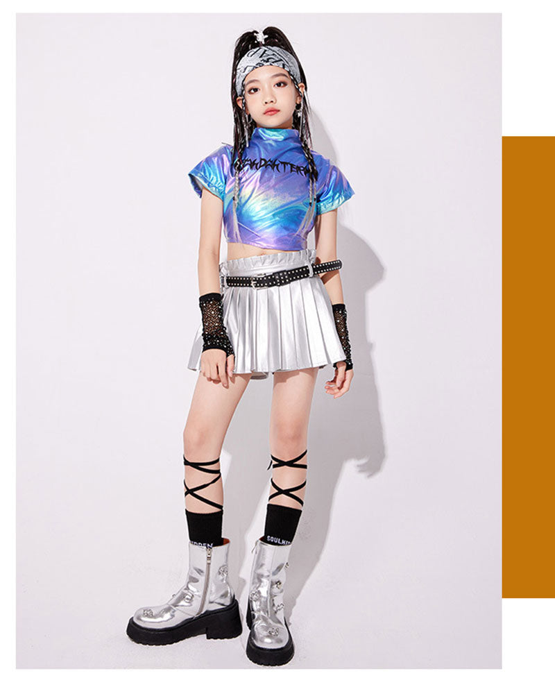 ダンス衣装 キッズ 衣装 セットアップ jazz k-pop キッズダンス衣装 デニム 子供服 女の子 ヘソ出し グレー ベージュ デニム チア ヒップホップ キッズダンス k-pop衣装 アームカバー 片腕 黒トップス ロングパンツ ジャズダンス 発表会 チアガール 韓国ファション 演出服