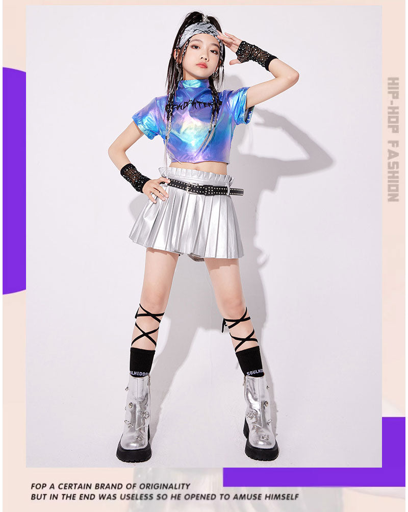 ダンス衣装 キッズ 衣装 セットアップ jazz k-pop キッズダンス衣装 デニム 子供服 女の子 ヘソ出し グレー ベージュ デニム チア ヒップホップ キッズダンス k-pop衣装 アームカバー 片腕 黒トップス ロングパンツ ジャズダンス 発表会 チアガール 韓国ファション 演出服