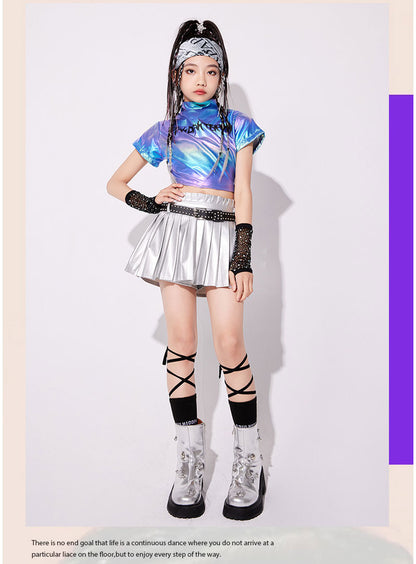ダンス衣装 キッズ 衣装 セットアップ jazz k-pop キッズダンス衣装 デニム 子供服 女の子 ヘソ出し グレー ベージュ デニム チア ヒップホップ キッズダンス k-pop衣装 アームカバー 片腕 黒トップス ロングパンツ ジャズダンス 発表会 チアガール 韓国ファション 演出服