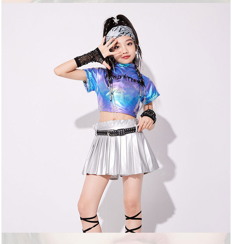 ダンス衣装 キッズ 衣装 セットアップ jazz k-pop キッズダンス衣装 デニム 子供服 女の子 ヘソ出し グレー ベージュ デニム チア ヒップホップ キッズダンス k-pop衣装 アームカバー 片腕 黒トップス ロングパンツ ジャズダンス 発表会 チアガール 韓国ファション 演出服