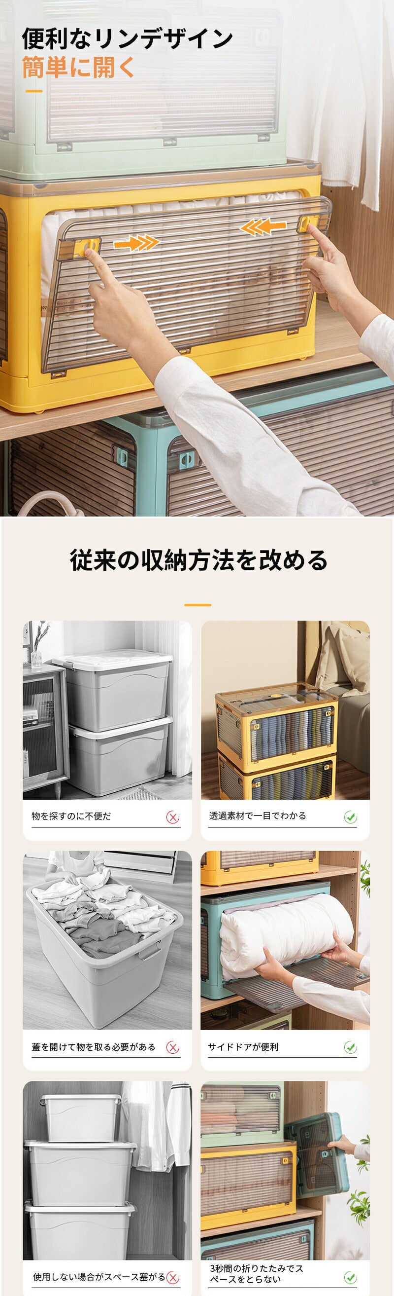 【クーポン利用で2682円★21日終了】収納ボックス 折りたたみ 6サイズ 5面開き 大容量 収納ボックス 扉付き プラスチック キャスター付き 健康材質 収納storage-006