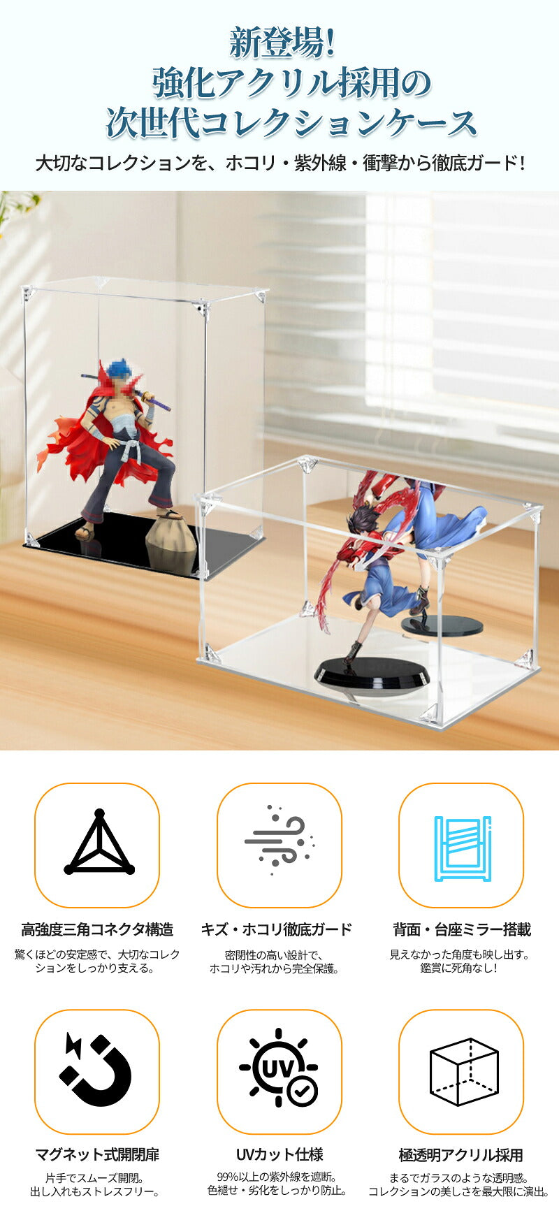 フィギュアケース UVカット アクリル ケース 台座 背面ミラー マグネット式 磁石付き コレクション 組立簡単 ディスプレイ 大型 ビッグサイズ 卓上 収納 高品質 より堅固 コレクションケース ボックス ディスプレイケース