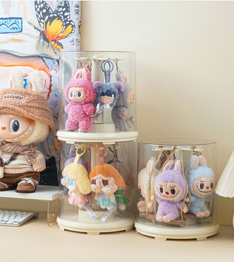 コレクションケース フィギュアケース 透明 回転式 LABUBU用 保護ケース クリア カバー 送料無料 防塵 汚れ防止 傷つけ防止 収納ケース アクリル 陳列ケース 省スペース 組立て簡単 積み重ね可能 クリーム色 可愛い プレゼント 透明ボックスカバー