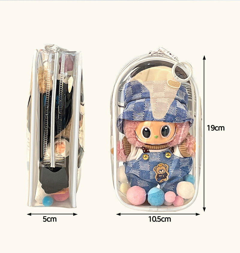 ぬいポーチ 20cm 推し活 ラブブ LABUBU ぬいぐるみポーチ らぶぶ  痛バッグ ぬいぐるみ ポーチ キャリーポーチ ぬいバッグ 推しぬいポーチ 透明 PVC 外出 見せバッグ 人形保管 防水 防塵 推し活バッグ ポンポンボール付 キーホルダー付