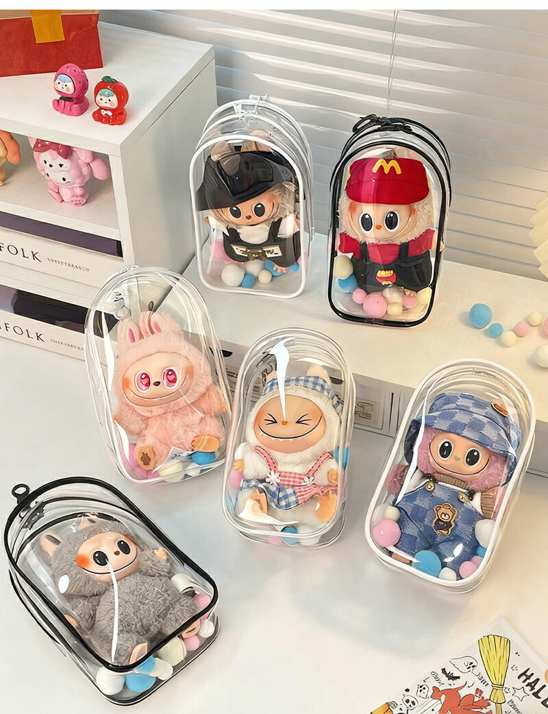ぬいポーチ 20cm 推し活 ラブブ LABUBU ぬいぐるみポーチ らぶぶ  痛バッグ ぬいぐるみ ポーチ キャリーポーチ ぬいバッグ 推しぬいポーチ 透明 PVC 外出 見せバッグ 人形保管 防水 防塵 推し活バッグ ポンポンボール付 キーホルダー付