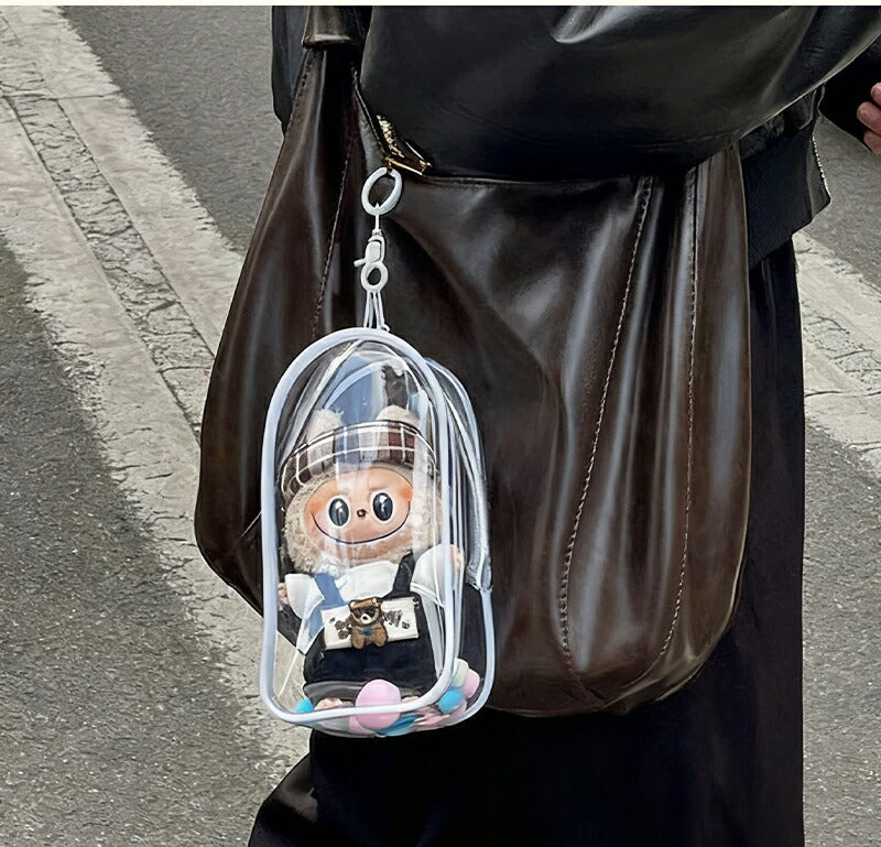 ぬいポーチ 20cm 推し活 ラブブ LABUBU ぬいぐるみポーチ らぶぶ  痛バッグ ぬいぐるみ ポーチ キャリーポーチ ぬいバッグ 推しぬいポーチ 透明 PVC 外出 見せバッグ 人形保管 防水 防塵 推し活バッグ ポンポンボール付 キーホルダー付
