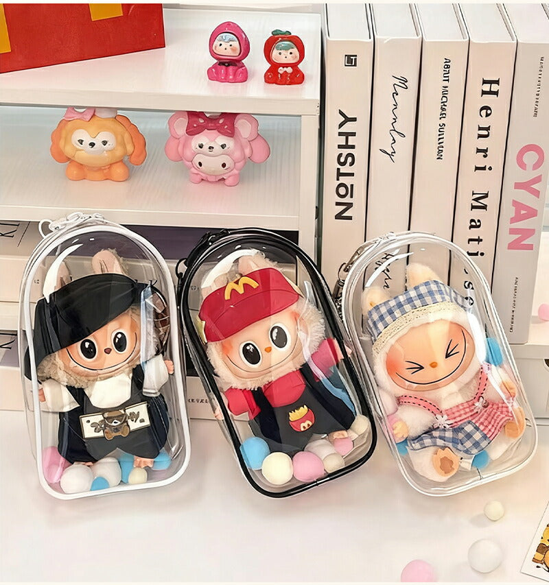 ぬいポーチ 20cm 推し活 ラブブ LABUBU ぬいぐるみポーチ らぶぶ  痛バッグ ぬいぐるみ ポーチ キャリーポーチ ぬいバッグ 推しぬいポーチ 透明 PVC 外出 見せバッグ 人形保管 防水 防塵 推し活バッグ ポンポンボール付 キーホルダー付