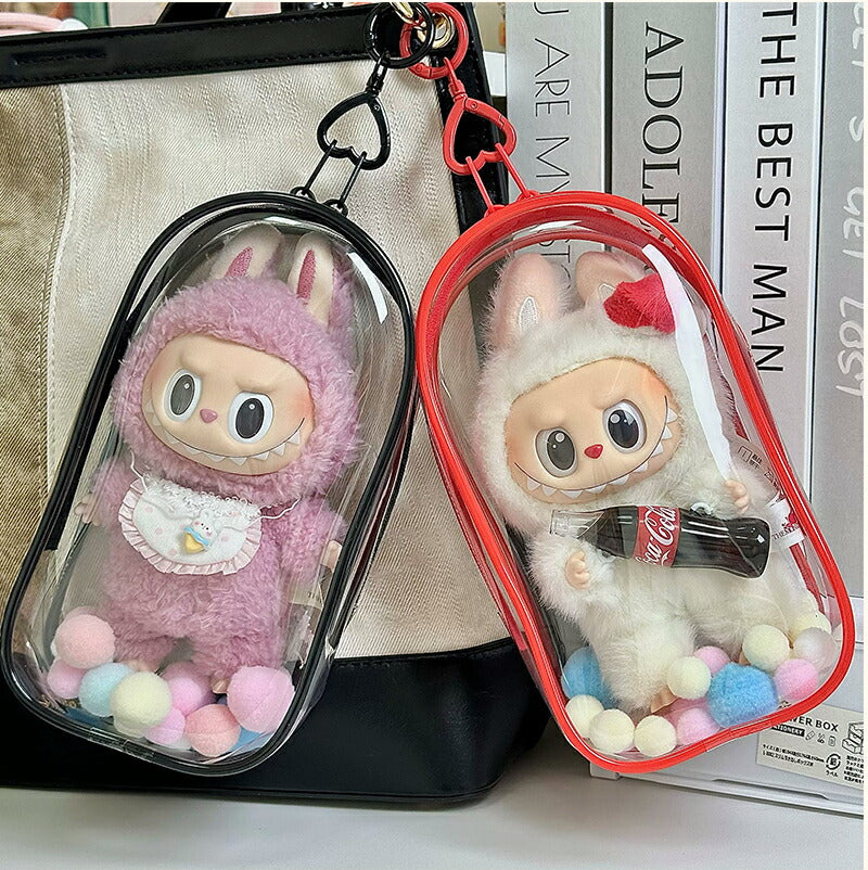 ぬいポーチ 20cm 推し活 ラブブ LABUBU ぬいぐるみポーチ らぶぶ  痛バッグ ぬいぐるみ ポーチ キャリーポーチ ぬいバッグ 推しぬいポーチ 透明 PVC 外出 見せバッグ 人形保管 防水 防塵 推し活バッグ ポンポンボール付 キーホルダー付