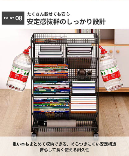 マガジンラック スリム キャスター 北欧風 ブックシェルフ 省スペース 本棚 五段 大容量 教科書 収納 書類棚 隙間収納 隙間ラック サイドワゴン 絵本 書類整理 ラック デスクサイド収納 ブックスタンド 漫画 雑誌 文具 学校 中学生 高校生 白 黒