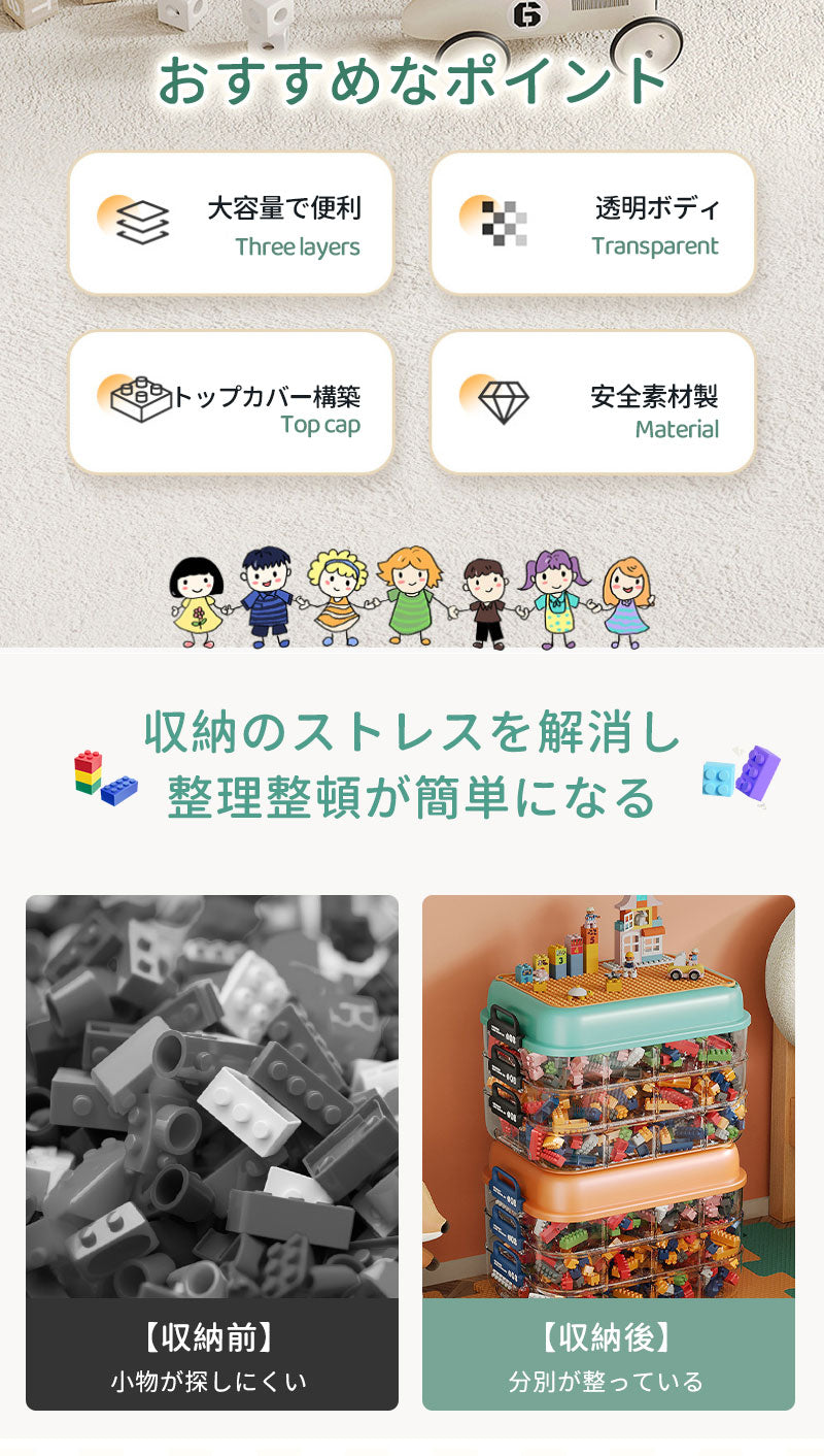 ブロック収納ボックス 収納 ケース おもちゃ箱 子供用 レゴ ブロック 積み重ね かたづけ 収納ボックス 収納ケース 仕切り 蓋付き キッズ 大容量 子供 ビルディングブロック 多機能 ブロックスーツケース おもちゃ収納 頑丈 見せる収納