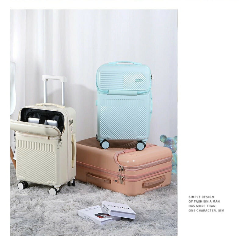 スーツケース フロントオープン キャリーケース 機内持込み Sサイズ おしゃれ 旅行 軽量 前開き キャリーバッグ ビジネス 出張 かわいい 静音 大容量 ジッパースーツケース ダイヤル式ロック カップホルダー ファスナータイプ