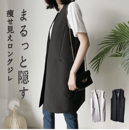 ジレ ベスト トレンチベスト ジレンチ カーディガン ノースリーブ ゆったり キレイ 細見え 上品 体型カバー 大きいサイズ フォーマル 楽ちん 洗える 春 秋suitvest-001