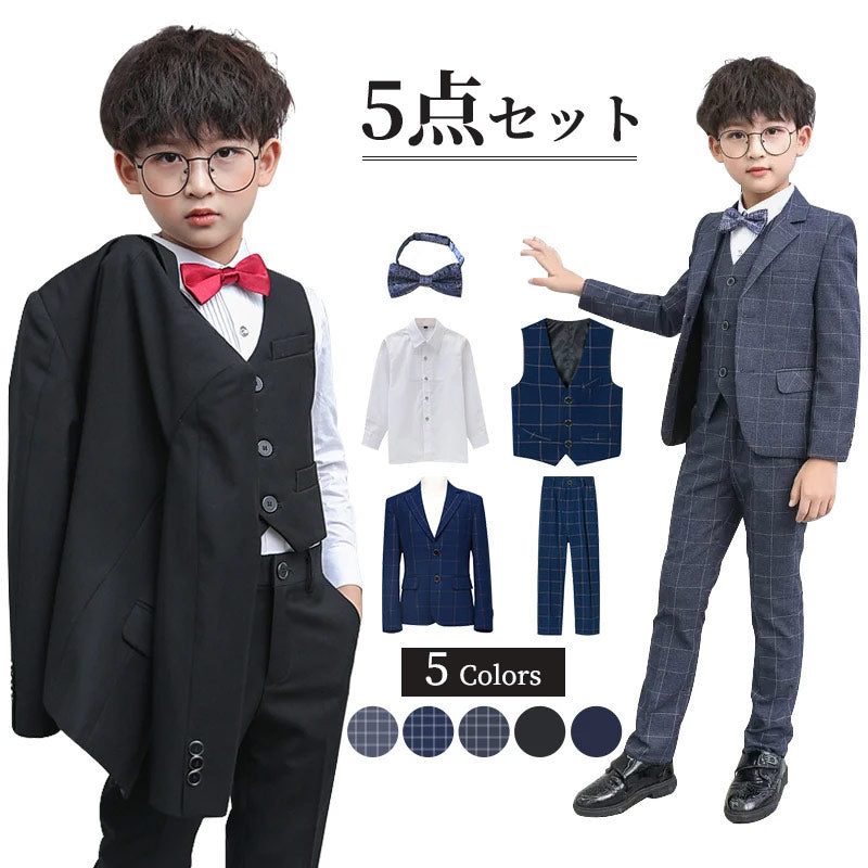 子供 スーツ 男の子 フォーマルスーツ 子供服 男の子スーツ 5点セット スーツ チェック柄 入学式 卒業式 高校生 小学生 中学生 紳士服 キッズ フォーマル おしゃれ 無地 ブローチ 通気性 肩パッド付き こどもスーツ 高級感 長袖 キッズスーツ