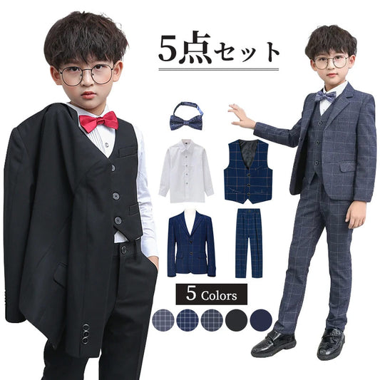 子供 スーツ 男の子 フォーマルスーツ 子供服 男の子スーツ 5点セット スーツ チェック柄 入学式 卒業式 高校生 小学生 中学生 紳士服 キッズ フォーマル おしゃれ 無地 ブローチ 通気性 肩パッド付き こどもスーツ 高級感 長袖 キッズスーツ