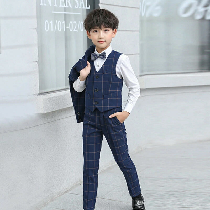 子供 スーツ 男の子 フォーマルスーツ 子供服 男の子スーツ 5点セット スーツ チェック柄 入学式 卒業式 高校生 小学生 中学生 紳士服 キッズ フォーマル おしゃれ 無地 ブローチ 通気性 肩パッド付き こどもスーツ 高級感 長袖 キッズスーツ