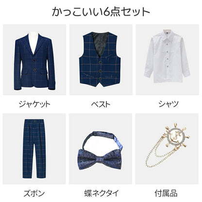 子供 スーツ 男の子 フォーマルスーツ 子供服 男の子スーツ 5点セット スーツ チェック柄 入学式 卒業式 高校生 小学生 中学生 紳士服 キッズ フォーマル おしゃれ  無地 ブローチ 肩パッド付き 高級感 通気性 長袖 キッズスーツ こどもスーツ