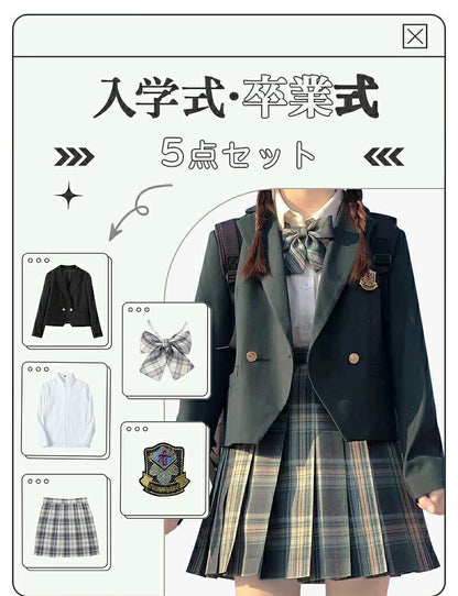 【部分即納】卒業式 スーツ 女の子 制服 5点セット フォーマルスーツ 子供スーツ jk制服 卒服 フォーマル 高校生 小学生 小学校 XS S M L XL XXL 150 160 キッズ ジャケット ブラウス チェックスカート リボン 中学生 スカート 女子