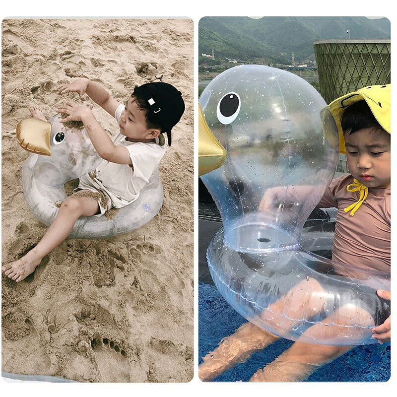 浮き輪 子供用 クリアダック キッズフロート ベビーフロート SNS Instagram 映え 透明 浮輪 足穴付き O型タイプ 座付き 浮き具 クリア 水遊び プール 水泳 足入れ 赤ちゃん キッズ 子供 海 2歳 3歳 4歳 5歳 6歳 海 お風呂 かわいい アヒル 夏