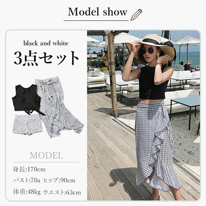 水着 レディース 体型カバー セパレート ハイネック ビキニ パレオ付き 3点セット タンキニ 小胸 盛れる チェック柄 20代 30代 40代 おしゃれ 無地 セクシー ハイウエスト お腹 お尻 太もも カバーアップ 露出控えめ 水陸両用