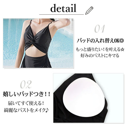 水着 水着 レディース ワンピース 体型カバー水着 20代 30代 40代 ママ水着 オトナ女子 露出控えめ 黒 白 セクシー Vネック キャミソール オールインワン カットアウト 無地 お尻 太もも 脚 カバーアップ キャミワンピ ラップスカート風