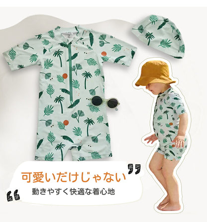 水着 男の子 女の子 ベビー水着 半袖 ロンパース キャップ付き キッズ水着 2点セット 子供水着 オールインワン つなぎ UVカット UPF50+ ベビー 男児 キッズ 女児 子供用 ガールズ 80～130 保育園 水遊び 幼稚園 プール 海水浴 日焼け対策
