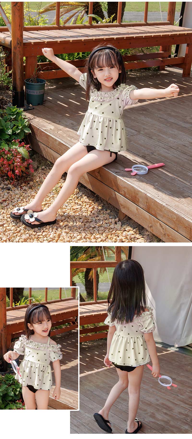 女の子 水着 セパレート フリル キッズ セット水着 オフショルダー アジャスター  水着セット 子供 かわいい 3点セット パフスリーブ スイムキャップ 日焼け対策 半袖 ハート 2歳 3歳 90 100 110 120  130 黒 130cm 100cm セパレート水着