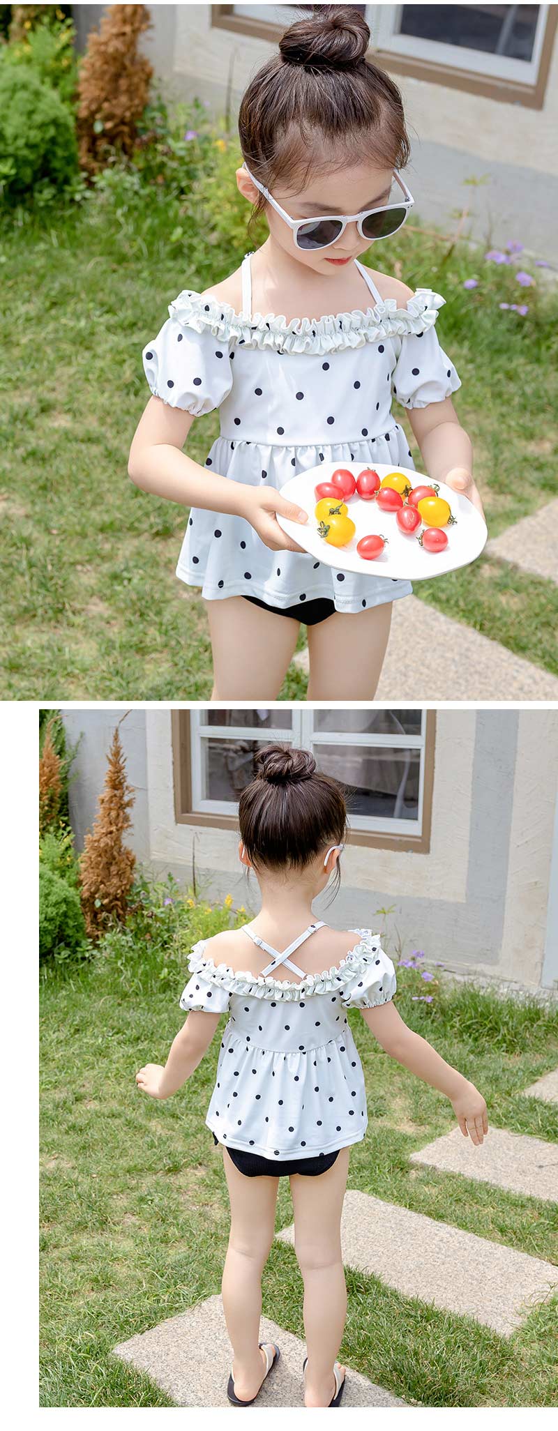 女の子 水着 セパレート フリル キッズ セット水着 オフショルダー アジャスター  水着セット 子供 かわいい 3点セット パフスリーブ スイムキャップ 日焼け対策 半袖 ハート 2歳 3歳 90 100 110 120  130 黒 130cm 100cm セパレート水着
