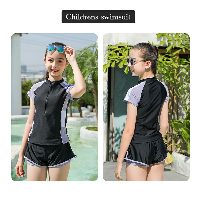 水着 女の子 小学生 セパレート 2点 セット トップス 半袖 ショートパンツ スカート スクール水着 可愛い キッズ水着 子供 キッズ ジュニア ガールズ 中学生 高校生 女子 ラッシュガード  プール体型カバー 140cm/150cm/160cm/170cm