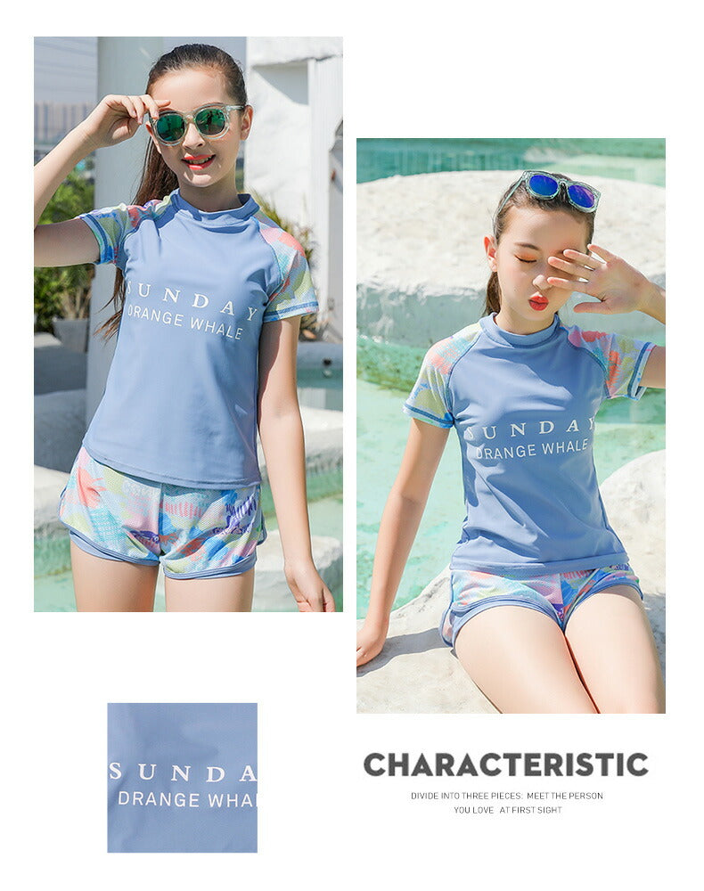 一部即納★ キッズ 水着 女の子 ジュニア フィットネス水着 ラッシュガード セパレート ショーツ 2点セット 半袖 レディース ガールズ 水遊び プール 海 川 動きやすい おしゃれ かわいい 体型カバー 大人も対応 140cm 150cm 160cm 170cm
