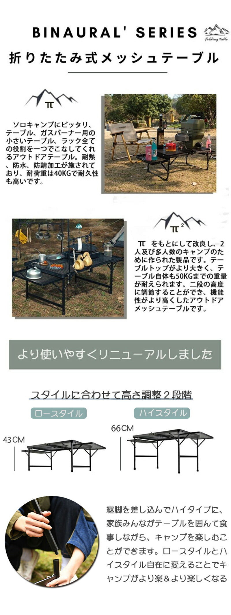 アウトドア テーブル 耐荷重50kg 135*60cm 収納袋付き 二つ折り メッシュテーブル 軽量 折りたたみテーブル 折り畳みテーブル スチール キャンプ用品? ? 高さ調整 バーベキュー BBQ キャンプテーブル 便利 黒 家族 網
