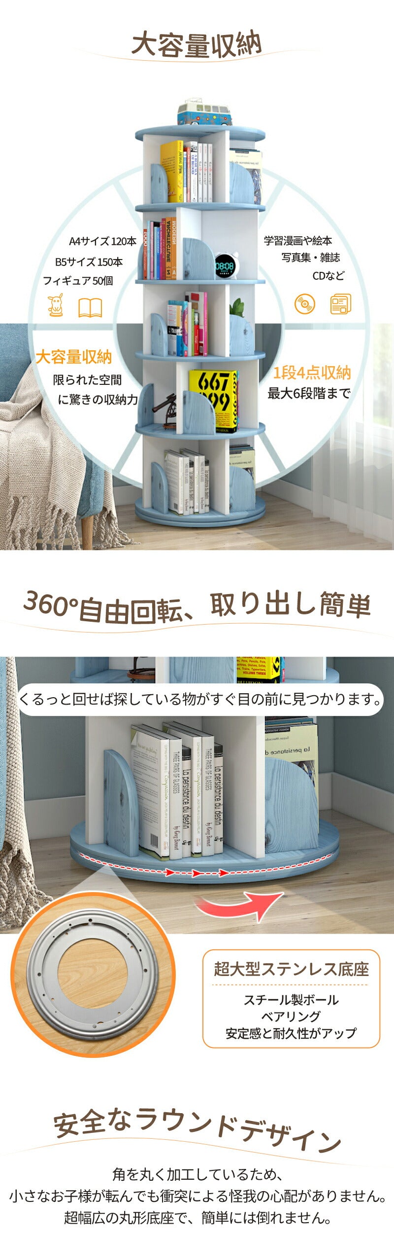 回転式本棚 飾り棚 絵本棚 回転本棚 木製 子供 漫画 ブックシェルフ 省スペース A4 耐荷重80kg 絵本 漫画 小さい 回転ラック 木目 CD DVD コtana-008