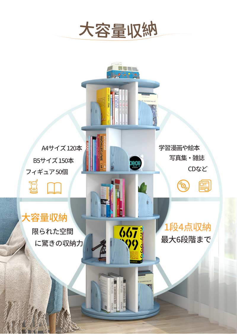 回転式本棚 飾り棚 絵本棚 回転本棚 木製 子供 漫画 ブックシェルフ 省スペース A4 耐荷重80kg 絵本 漫画 小さい 回転ラック 木目 CD DVD コtanta-007