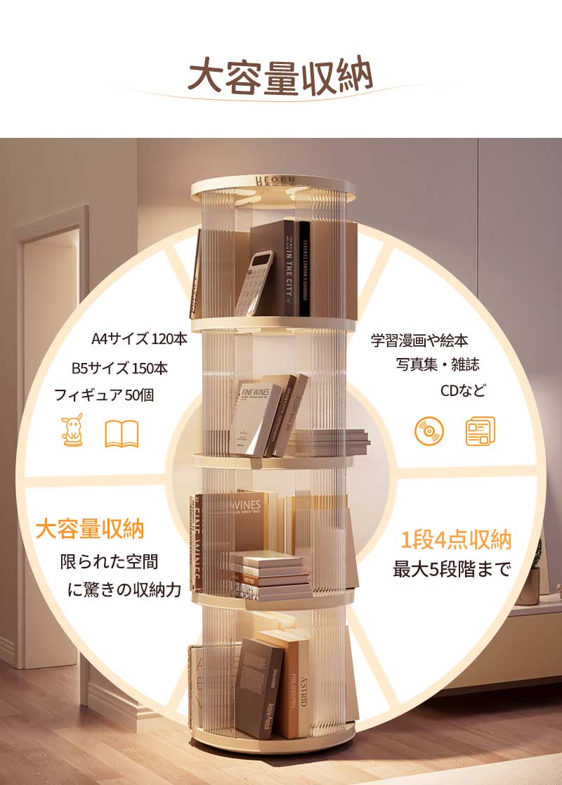 回転式本棚 飾り棚 絵本棚 回転本棚 2 3 4 5段 子供 漫画 ブックシェルフ 省スペース A4 耐荷重30kg 絵本 漫画 小さい 回転ラック 木目 CDtana-008