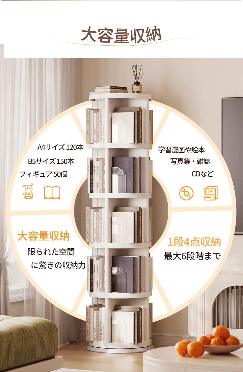 回転式本棚 飾り棚 絵本棚 回転本棚 2 3 4 5段 子供 漫画 ブックシェルフ 省スペース A4 耐荷重30kg 絵本 漫画 小さい 回転ラック 木目 CDtana-010