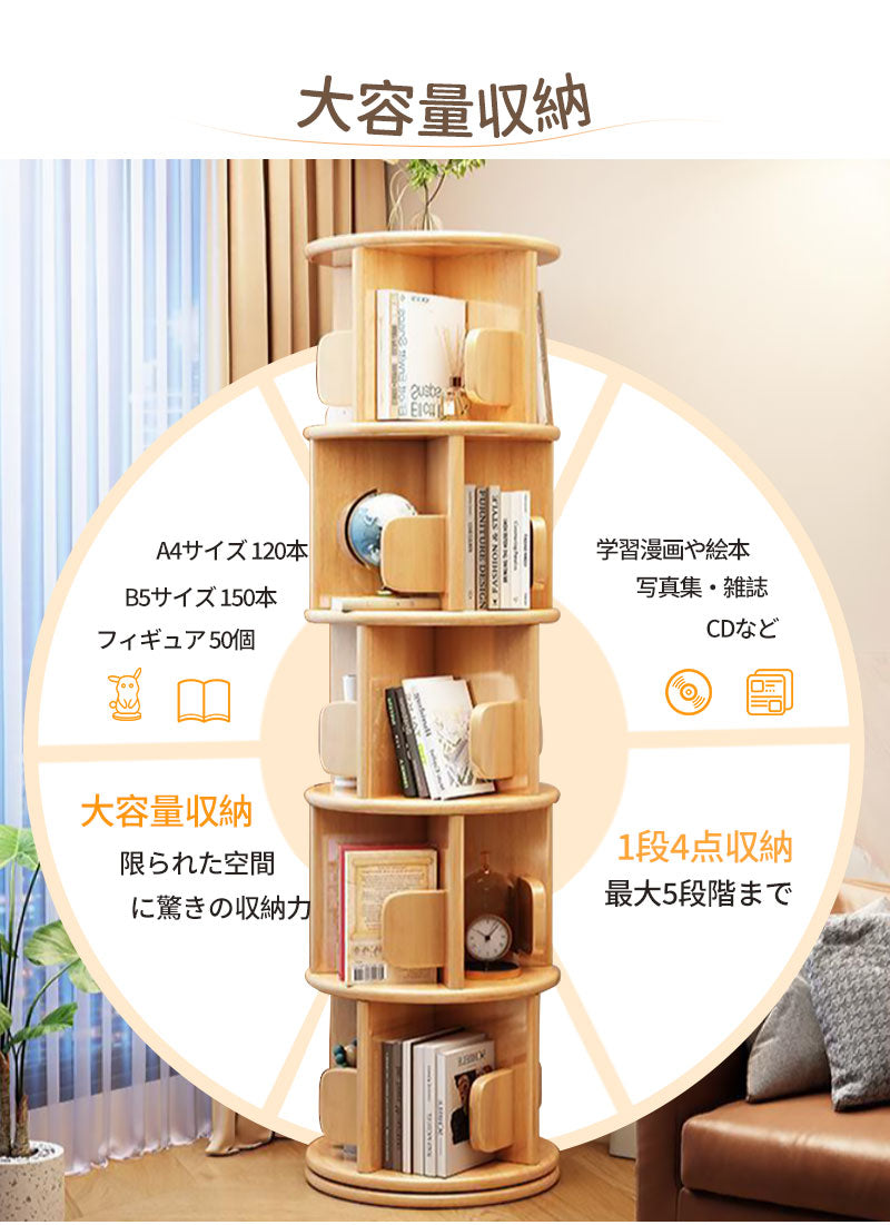 回転式本棚 飾り棚 絵本棚 回転本棚 木製 子供 漫画 ブックシェルフ 省スペース A4 耐荷重80kg 絵本 漫画 小さtana-012