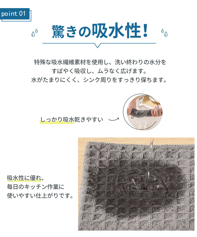 水切りマット 食器乾燥マット 吸水速乾マット シンク上 キッチン シンクマット 吸水性 ワッフル マット マイクロファイバー ドライングマット ドライマット 吸水マット 水切り 水切りカゴ 用 キッチンタオル 食器用 ふきん 食器拭き