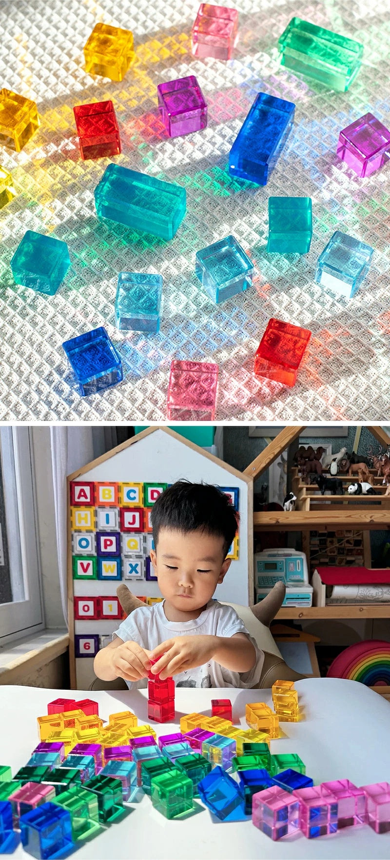 ジュエル積み木 ジュエルブロック アクリル積み木 知育玩具 おもちゃ パズル アクリルキューブ クリスタル カラフル クリア 色彩教育 子供 キッズ 1歳 4歳 親子 おしゃれ ギフト 誕生日プレゼント 出産祝い クリスマスプレゼント 新年 正月