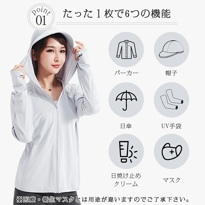 【送料無料】レディースラッシュガード マスク付き UVパーカー フード付き ラッシュガード 接触冷感 涼しい UPF50+ 360度紫外線対策 レディース 夏 薄手 ラッシュパーカー ラッシュガードパーカー UV パーカー UVカット 指穴 日焼け対策 吸湿 速乾 軽量 体型カバー 男