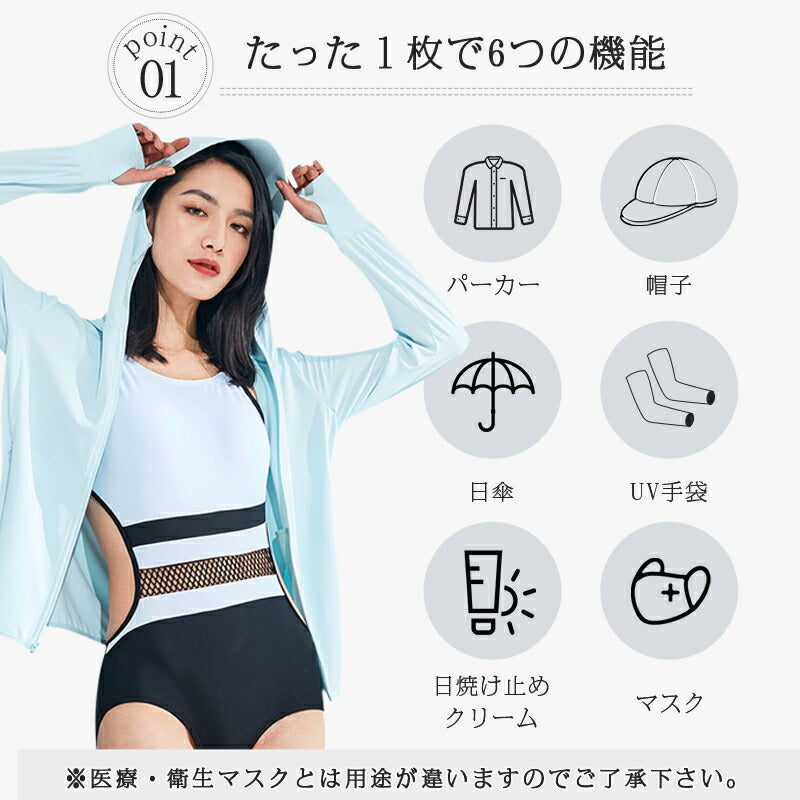 uv パーカー 指穴 uvカット パーカー 首元 UPF50+ ひんやり 接触冷感 UV ジップアップ ラッシュガード レディース フード付き カーディガン メuvpaka-003