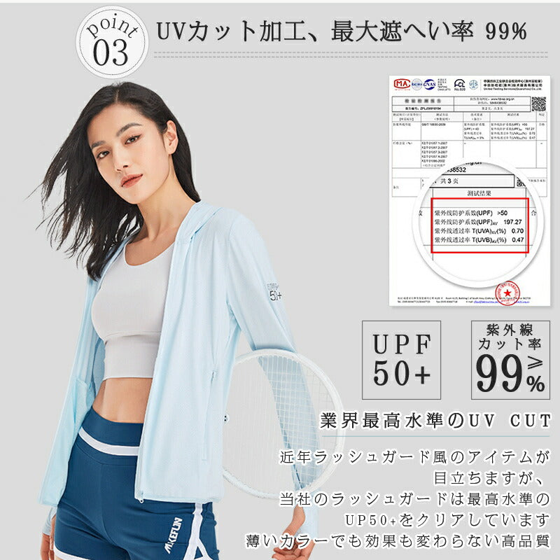 uv パーカー 指穴 uvカット パーカー 首元 UPF50+ ひんやり 接触冷感 UV ジップアップ ラッシュガード レディース フード付き カーディガン メuvpaka-003
