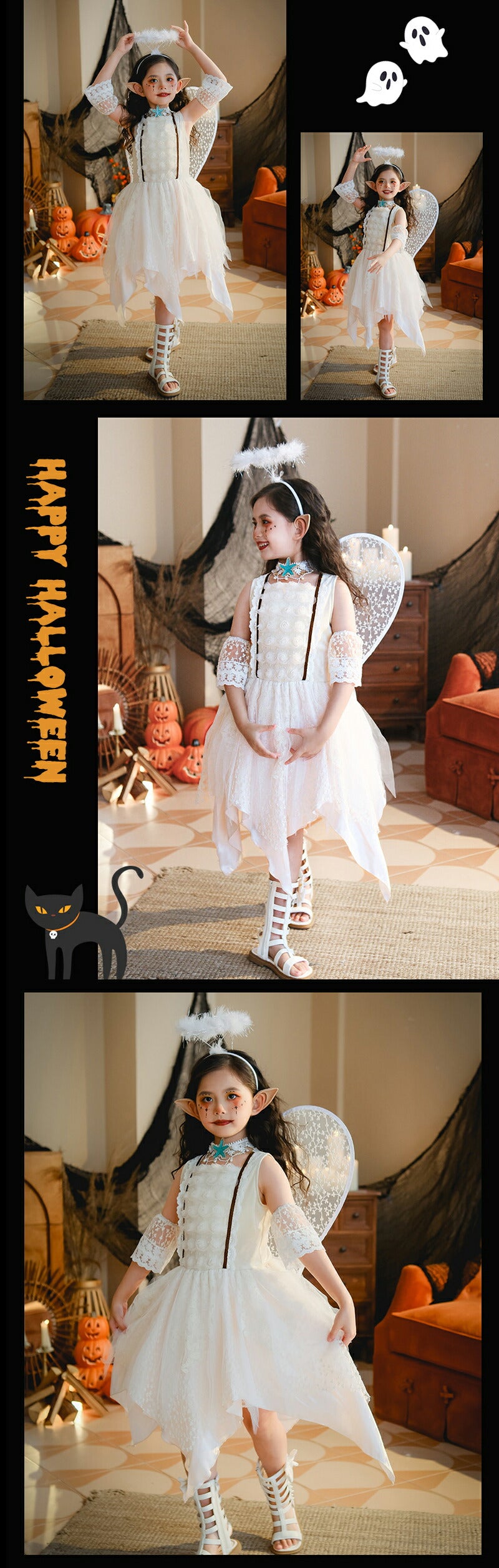 ハロウィン 羽付き 妖精 精霊 コスプレ 子供用 コスチューム 女の子 動物 パーティー 天使 花の妖精 羽付き 小悪魔 小さな妖精 仮装 大人 女の子 ドレス キッズ カチューシャ付4点セット スカートステッキ 余興 ダンス 文化祭 学園祭 パーティー グッズ