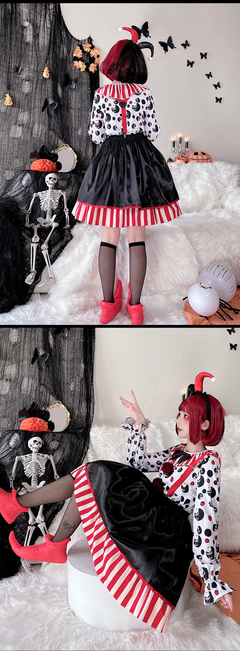 ハロウィン コスプレ ピエロ魔女 衣装 大人 ピエロ 3点セット コスチューム レディース 女性 ゾンビ デビル ピエロガール 魔法使い 魔法少女 ハロウィン衣装 赤黒 忘年会/新年会コスプレ衣装 セクシー ゴスロリ 吸血鬼 悪魔 キュート ミニワンピ 送料無料